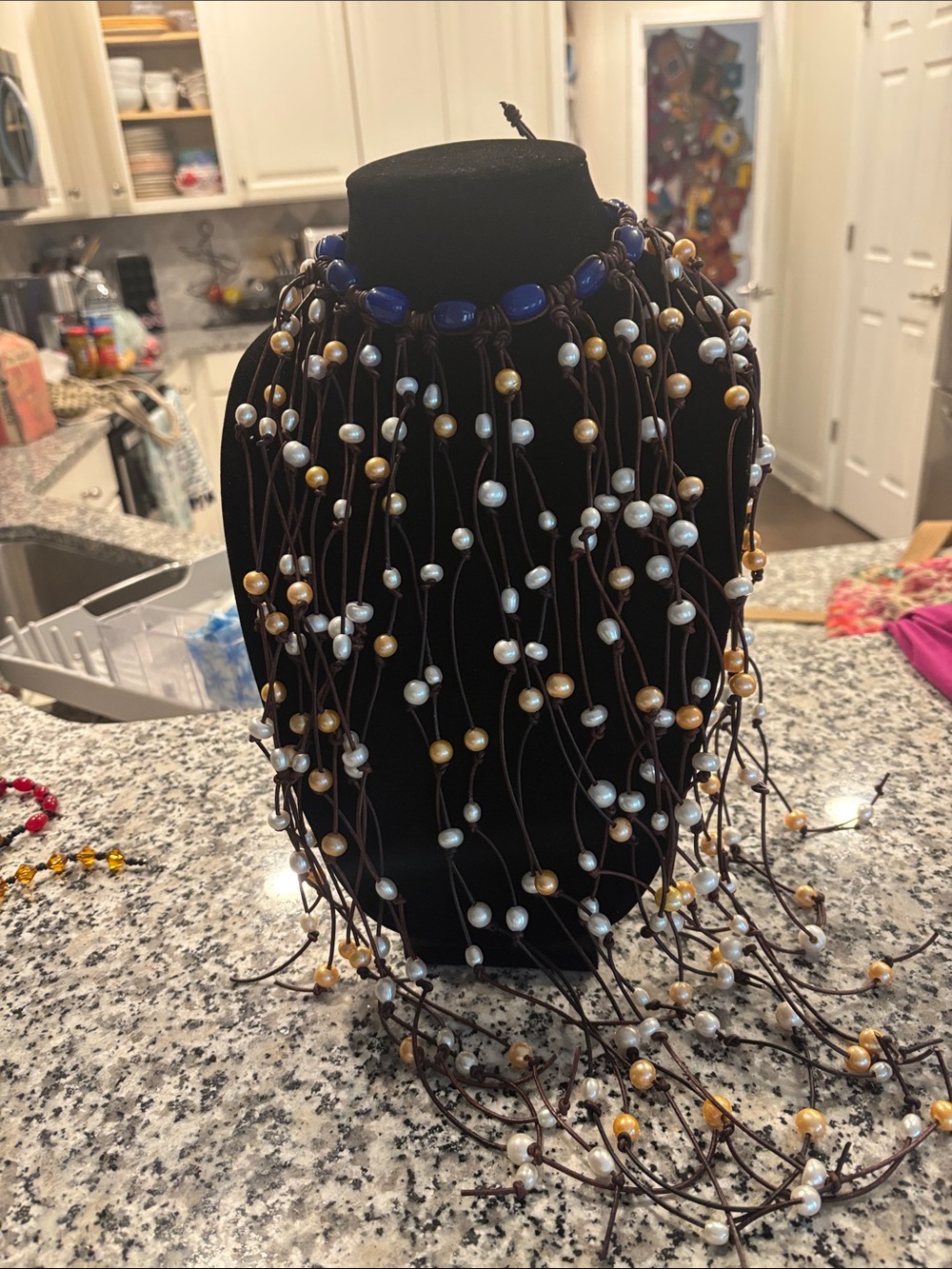 Multi-Strand Pearl Drop Necklace — Blue dyed Jade Gold & White